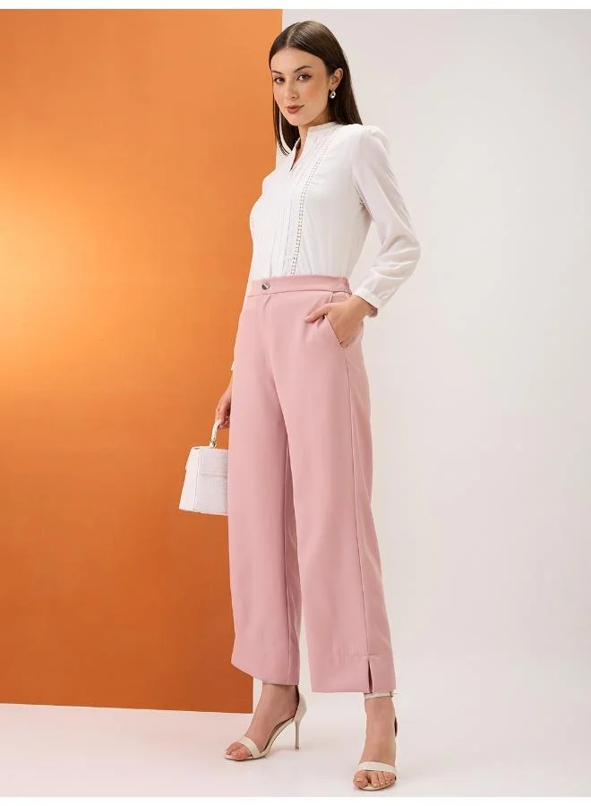 globus Globus Women Blush Pink Solid Mid-Rise Bottom Hem Slits Relaxed Fit Workwear Trousers